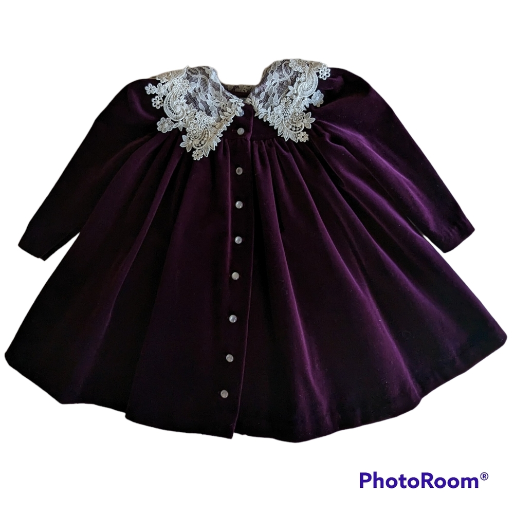 Peaches & Cream Dress Sz 3T Royal Purple Pearl White Buttons Lace Collar Vintage